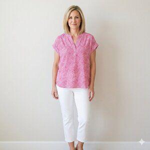 Cynthia Steffe Blouse L Cuffed Cap Sleeve Split Neck Pink Fuschia White Dots EUC